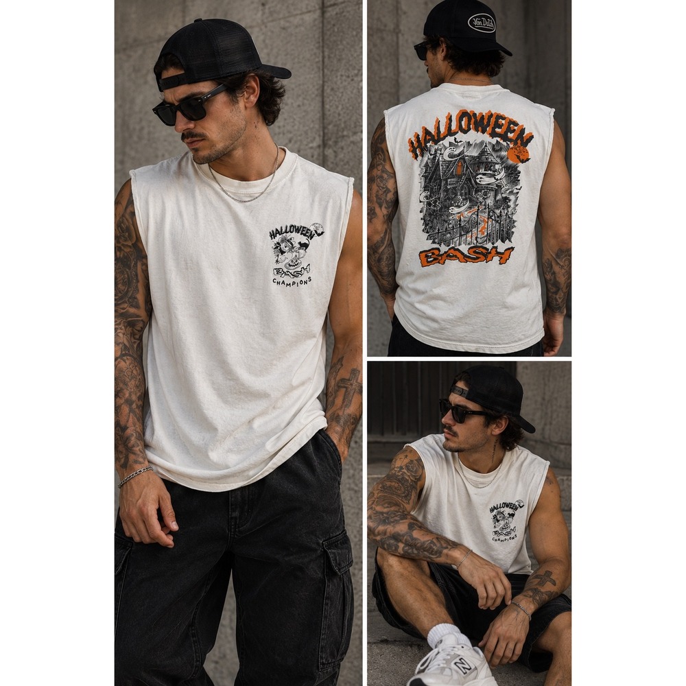 Halloween Haunted House Shirt Mens XL Port Company Cut Off Sleeveless Ghost Tee